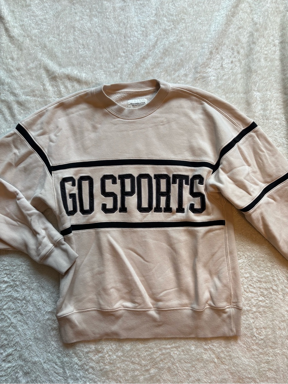 Abercrombie & Fitch Cream Crewneck Sweater with Black 'GO SPORTS' Lettering
